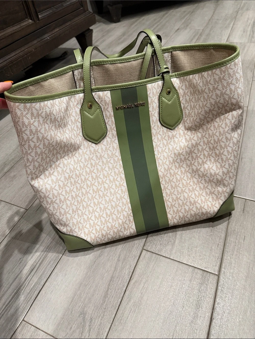 Michael Kors Beige Signature Tote with Olive Green Stripe